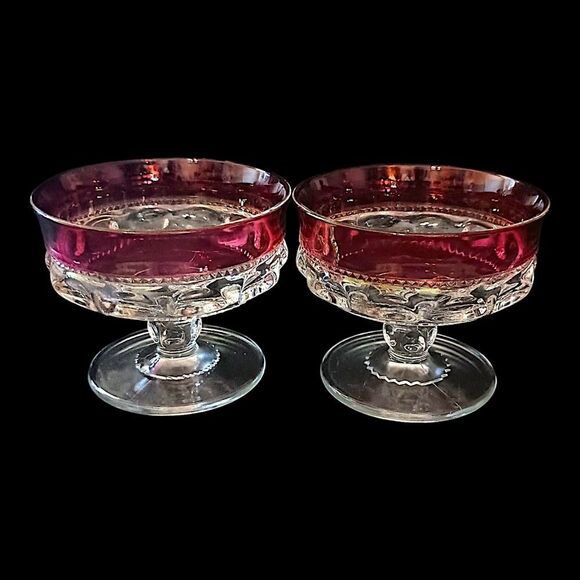 2 Kings Crown Thumbprint Sherbet Dishes Dish Set Ruby Red Flash Indiana Glass - Picture 7 of 16